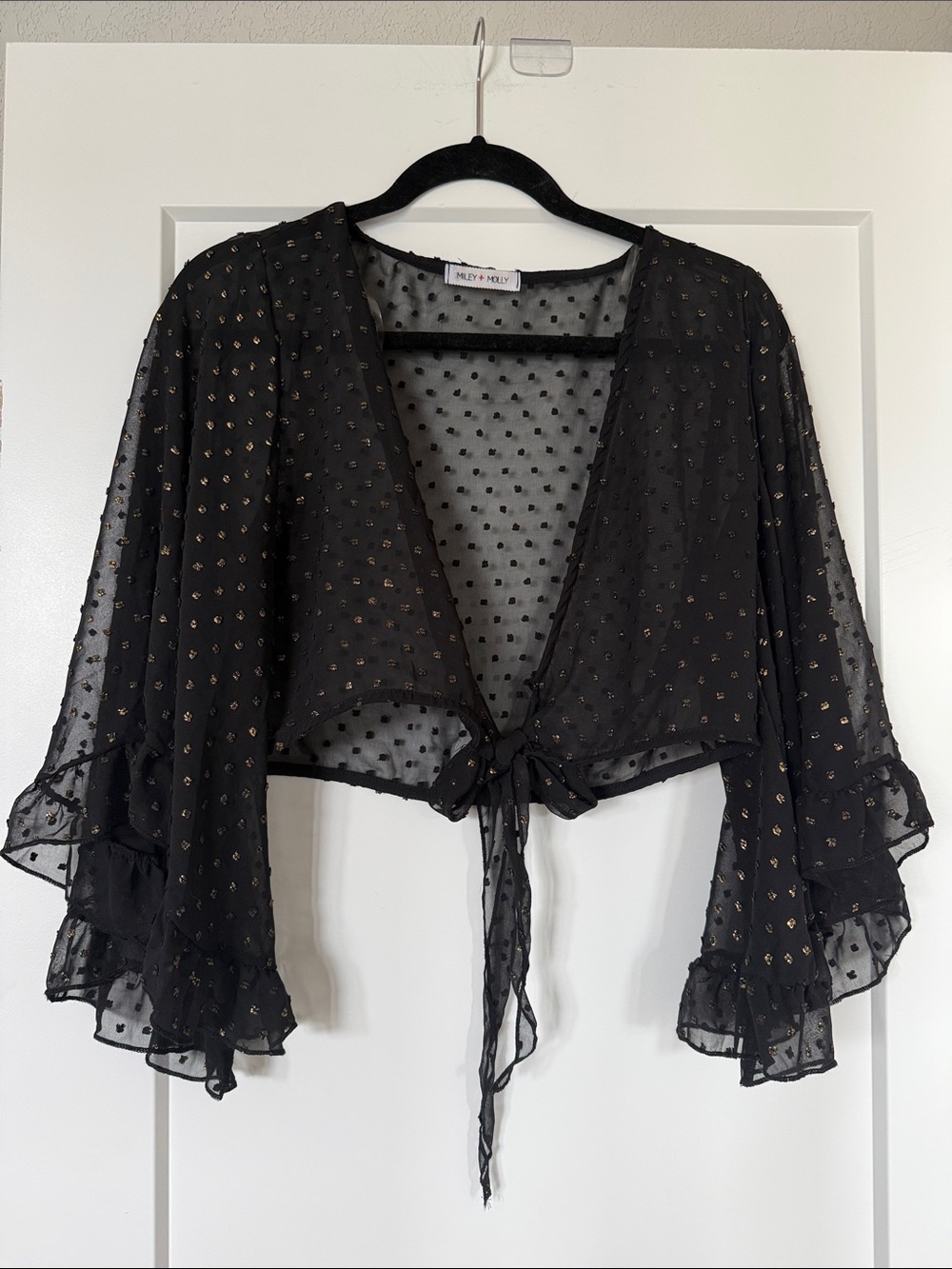Free People Black Sheer Tie-Front Bolero with Gold Dot Accents